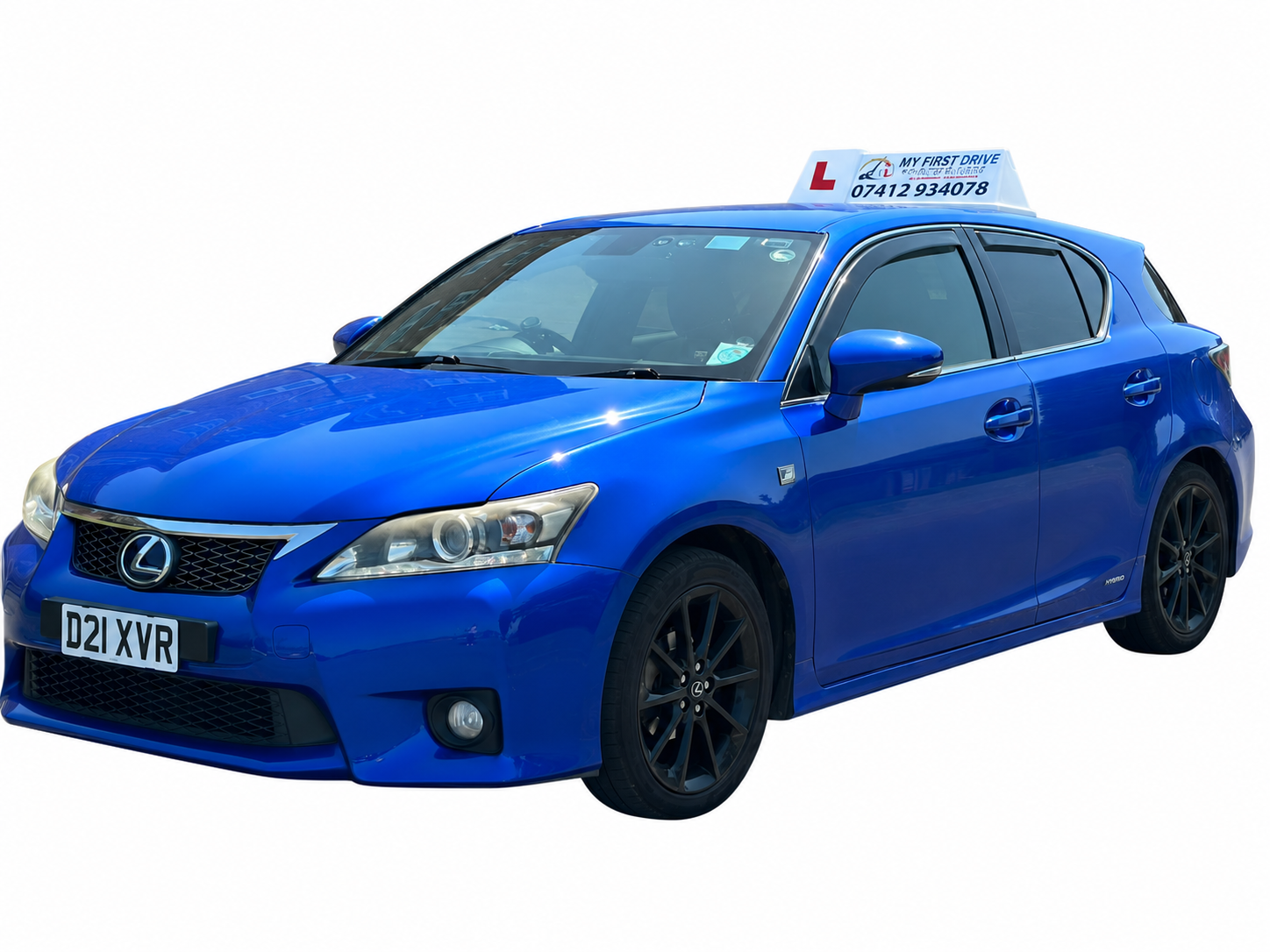 Blue automatic dual-control learner car with My First Drive roof sign