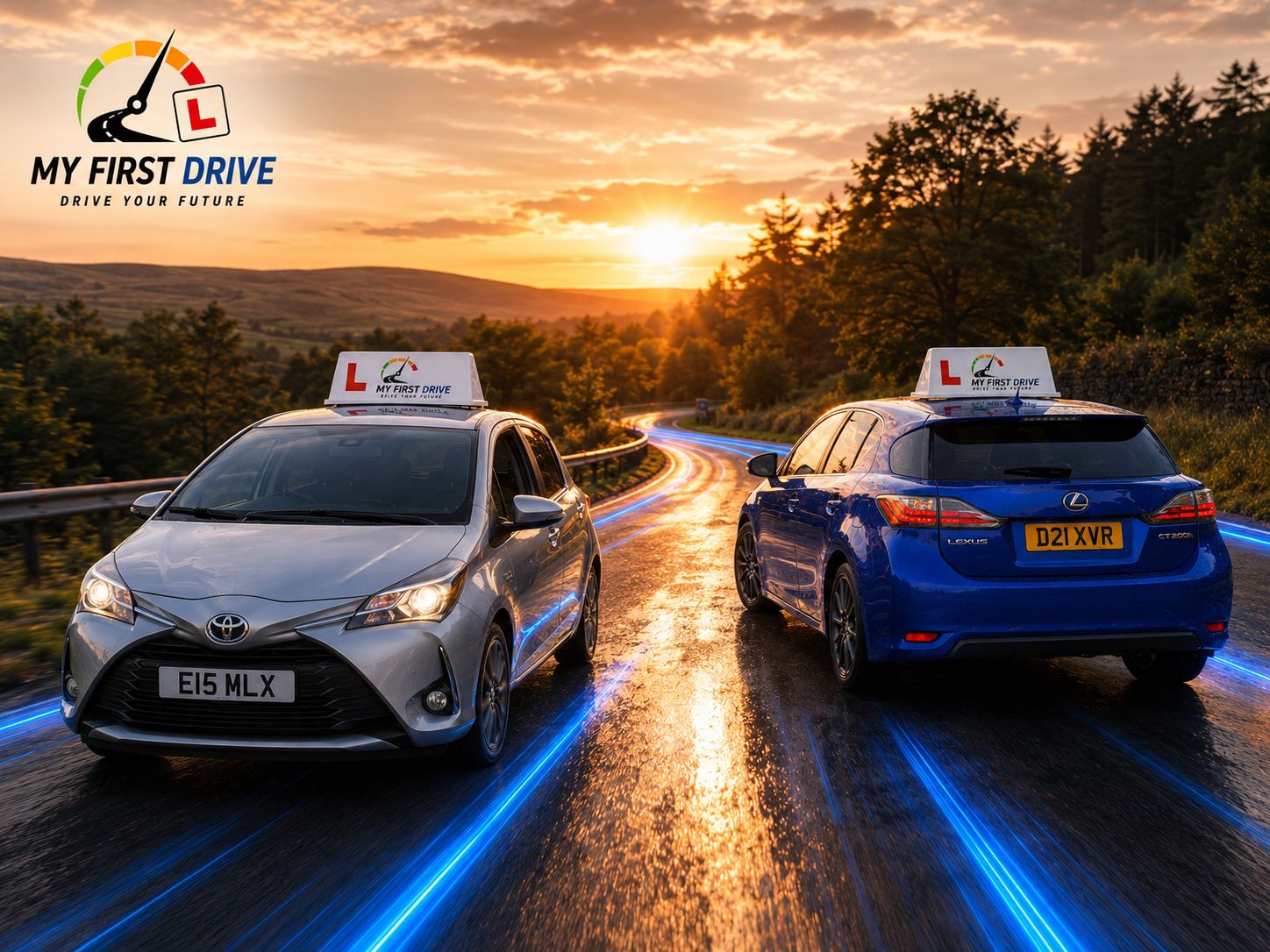 The My First Drive manual and automatic cars on a road at sunset